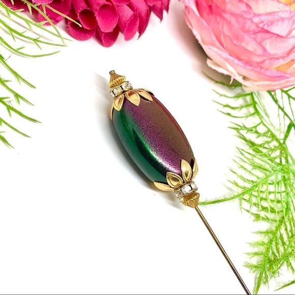 VINTAGE⚜️Kaleidoscope Cabochon Filigree Hat Pin - Picture 4 of 10